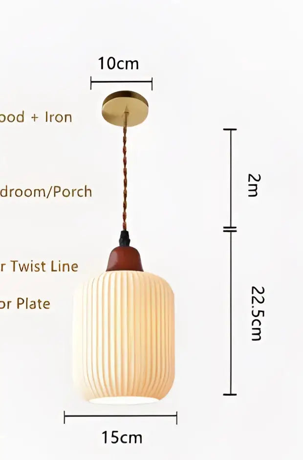 Cream-colored ribbed glass pendant light with brass top and wooden accent for dining room glass pendant light