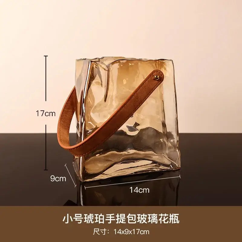 Transparent amber bag shape glass vase with brown leather handle for living room decor
