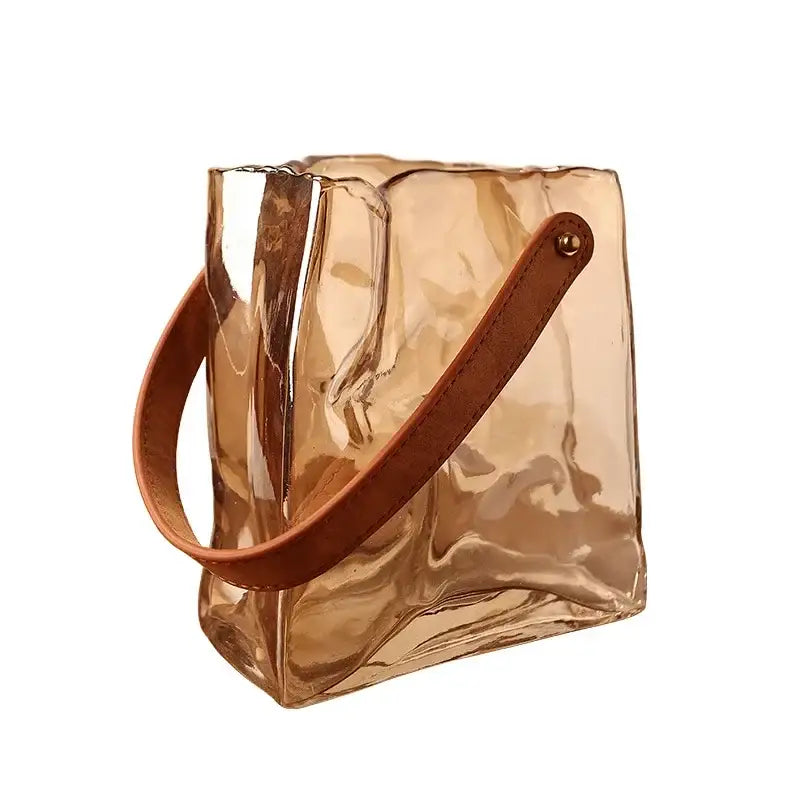 Transparent amber crinkled bag shape glass vase with brown leather handle for living room decor