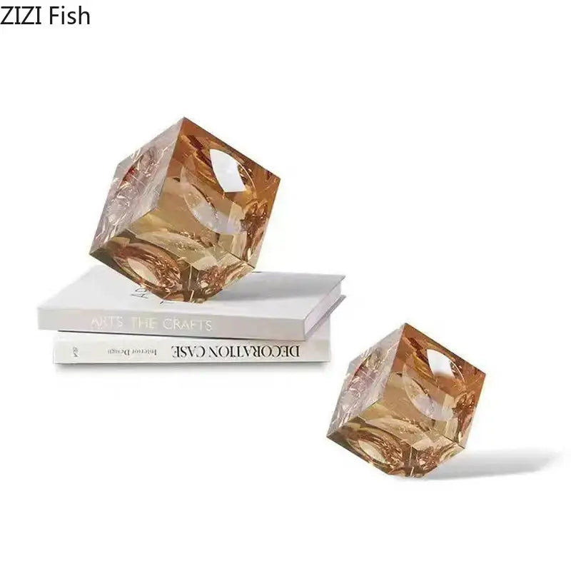 Golden amber crystal cube statue by zizi fish decorative object ideal as cube statue desk or decorbites crystal cube decor