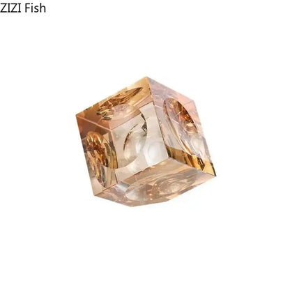 Amber crystal cube statue desk ornament with translucent amber color and intricate golden patterns for decorbites crystal cube