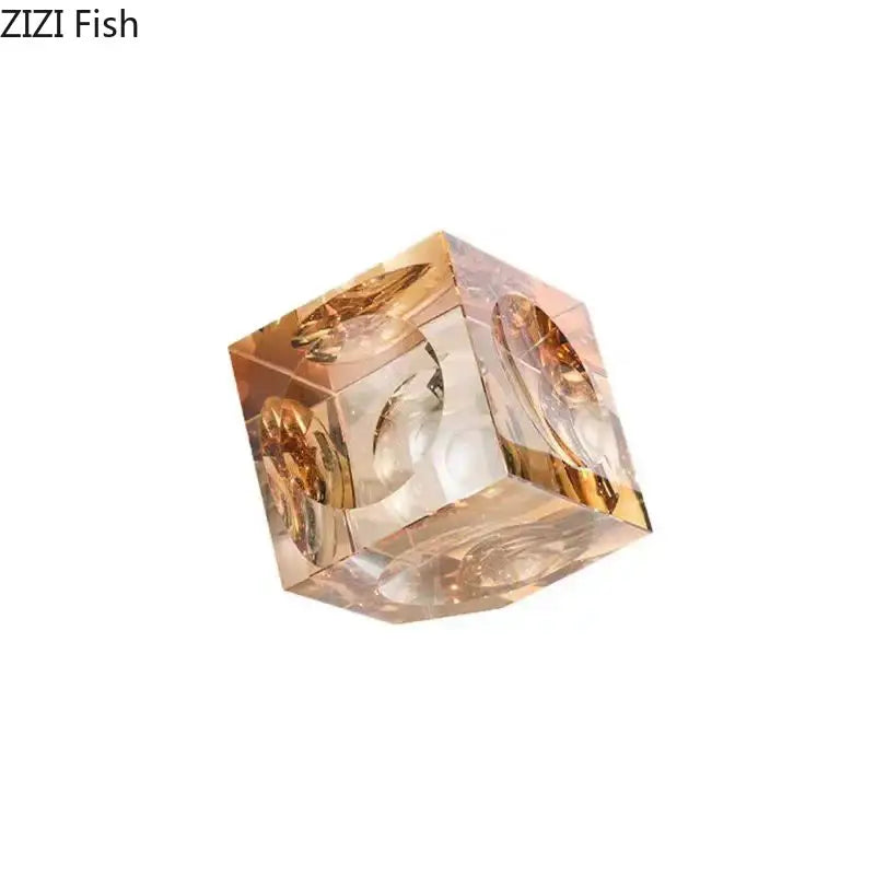 Amber crystal cube statue desk ornament with translucent amber color and intricate golden patterns for decorbites crystal cube