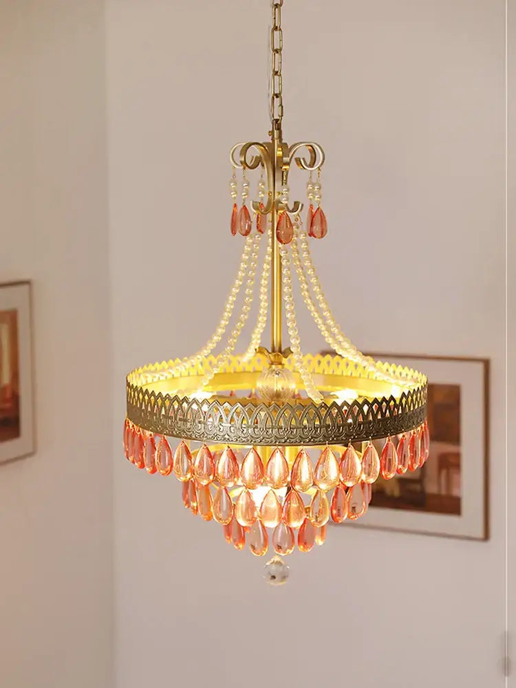 Amber crystal water drop chandelier with brass frame peach teardrop crystals and pearl beads for dining room decorbites lighting