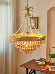 Gold pendant light with amber crystal water drop teardrops and beaded chains for elegant dining room decorbites crystal water drop chandelier