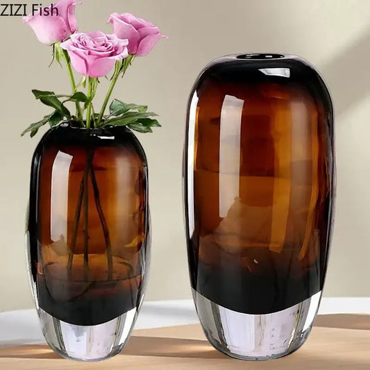 Two amber delicate glass vases with glossy finish and black base one holding pink roses for living room decorbites delicate
