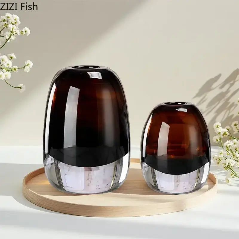 Two amber decorbites delicate glass vases with glossy finish and clear crystal bases for living room floral decor
