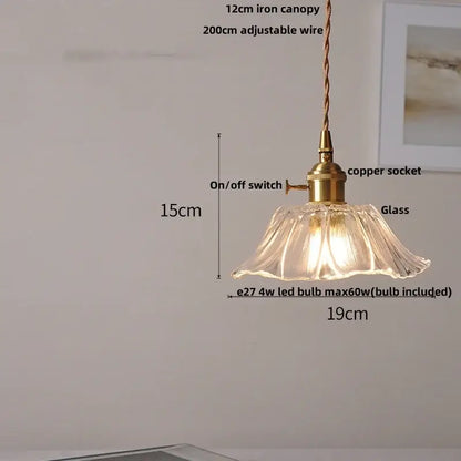 Amber flower glass pendant light with fluted glass shade brass finish copper socket and adjustable iron canopy for dining room