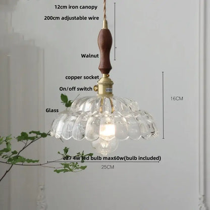 Amber flower glass pendant light with clear scalloped glass, walnut wooden handle, and brass finish for dining room pendant lights