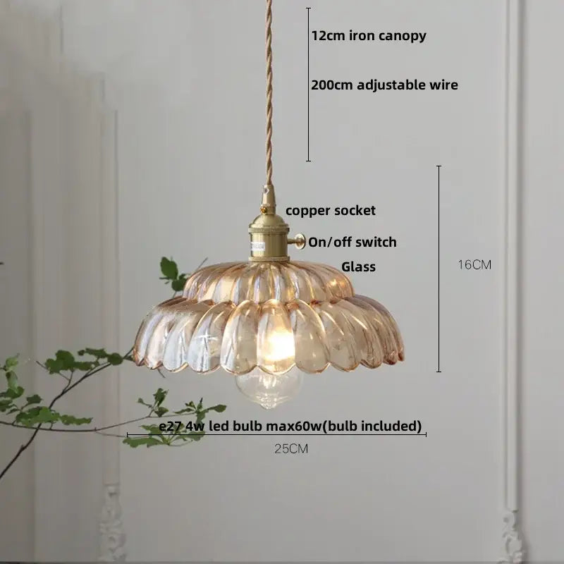 Amber flower glass pendant light with delicate fluted design and brass finish ideal for dining room pendant lights