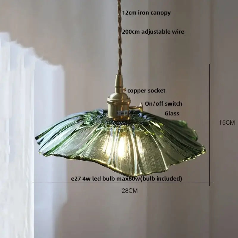 Amber flower glass pendant light with green glass shade copper socket and adjustable wire for dining room use