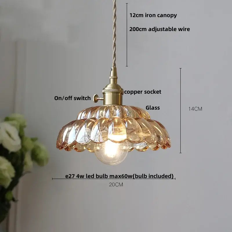 Amber flower glass pendant light with warm-toned scalloped design and brass finish for dining room pendant lights