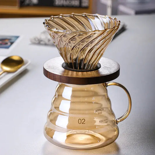 Amber translucent glass percolator coffee pot with fluted ribbed cone and reusable filter for kitchen use