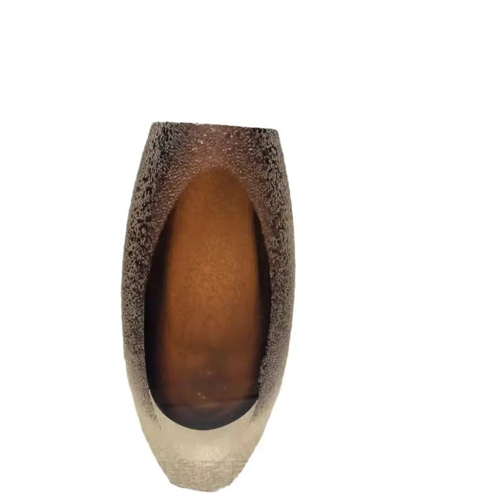 Brown textured frosted glass vase with speckled matte finish and oval opening from decorbites frosted glass collection