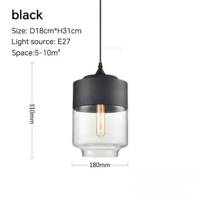 Black cylindrical pendant light fixture with clear glass body and exposed filament bulb for dining room lighting