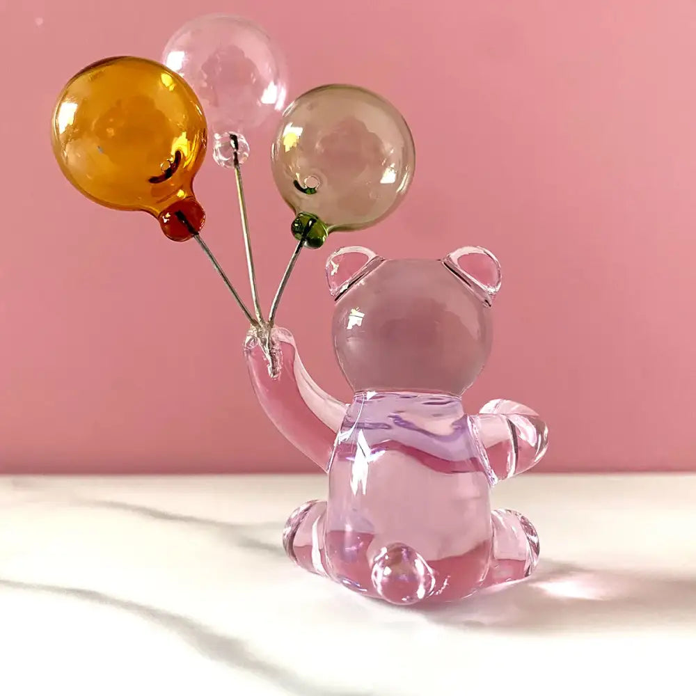 Pink translucent glass figurine bear holding three colorful balloons glass figurine for bedroom decorbites crystal bear decor