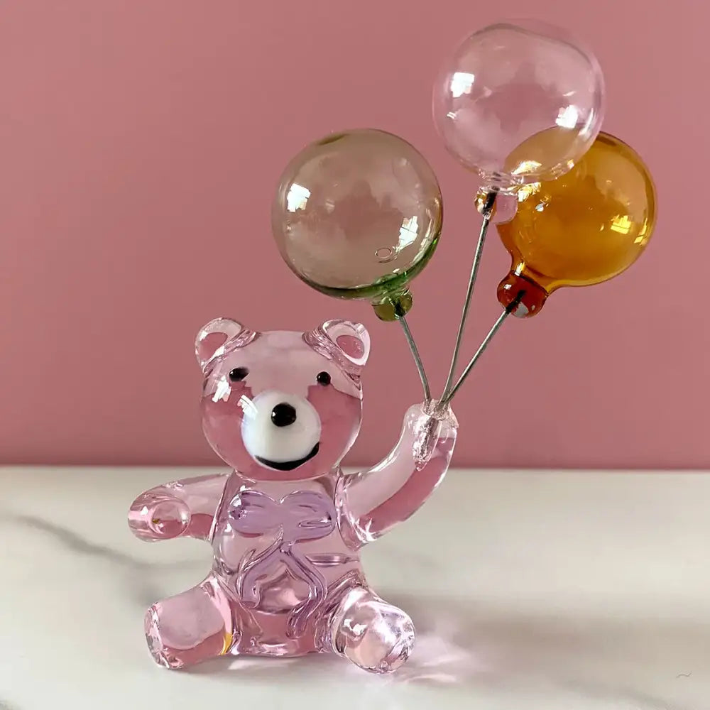 Pink translucent glass figurine of amber glass bear holding colorful balloons glass figurine for bedroom decorbites crystal bear