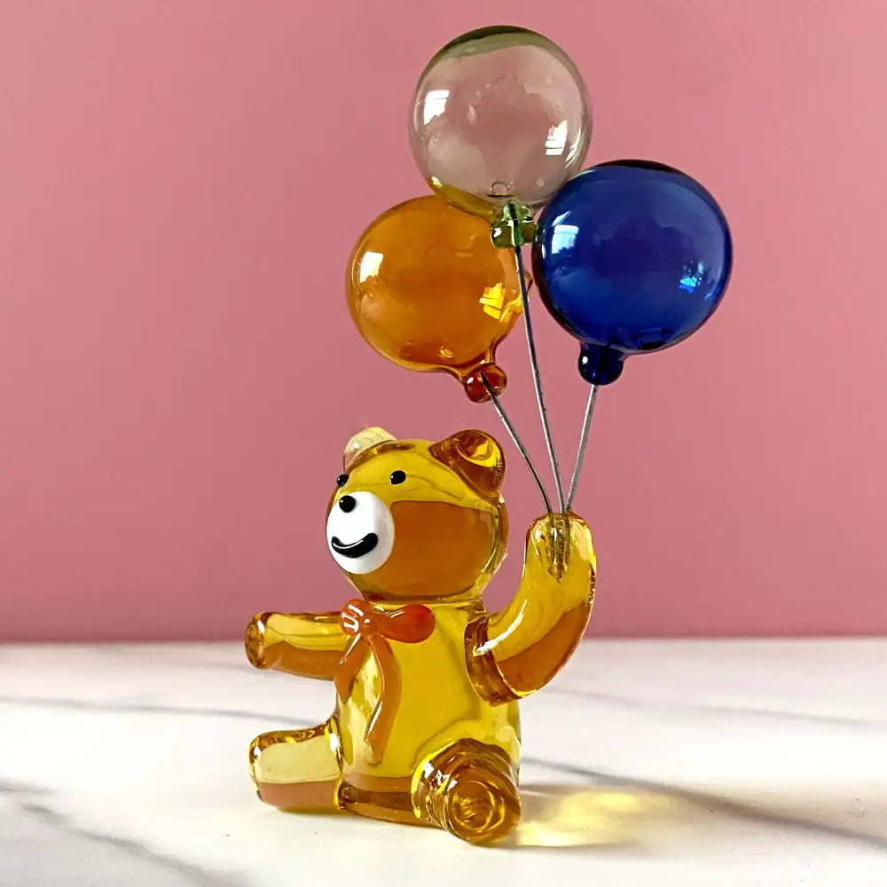 Translucent amber glass bear glass figurine holding three colorful balloons glass figurine for bedroom decor
