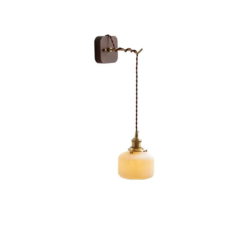 Vintage amber glass ceramic ball led wall lights with warm ribbed shade brass hardware and pull chain for bedroom decorbites