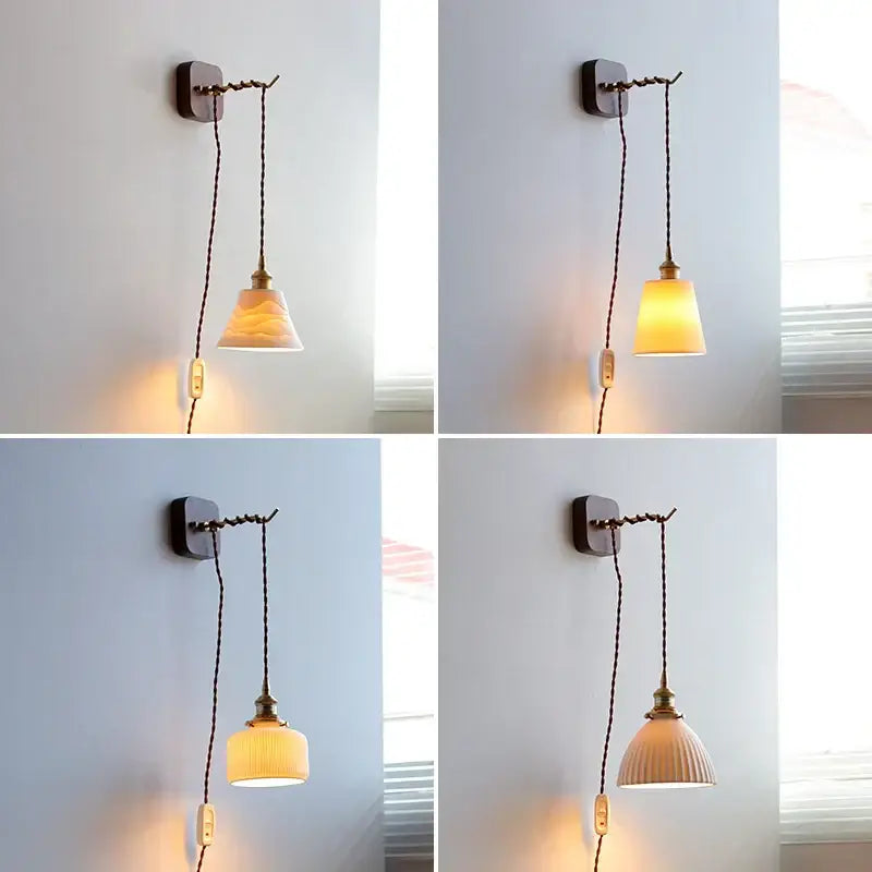 Warm-toned amber glass ceramic ball led wall lights with brass accents and a dark braided cord by decorbites ceramic ball