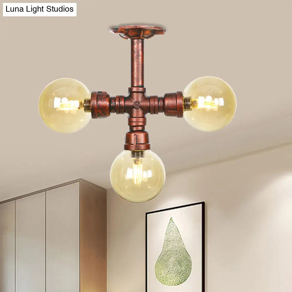 DecorBites™ DecorBites™ Amber Glass Copper Semi Flush Light Sphere LED Ceiling Fixture - Farmhouse Style