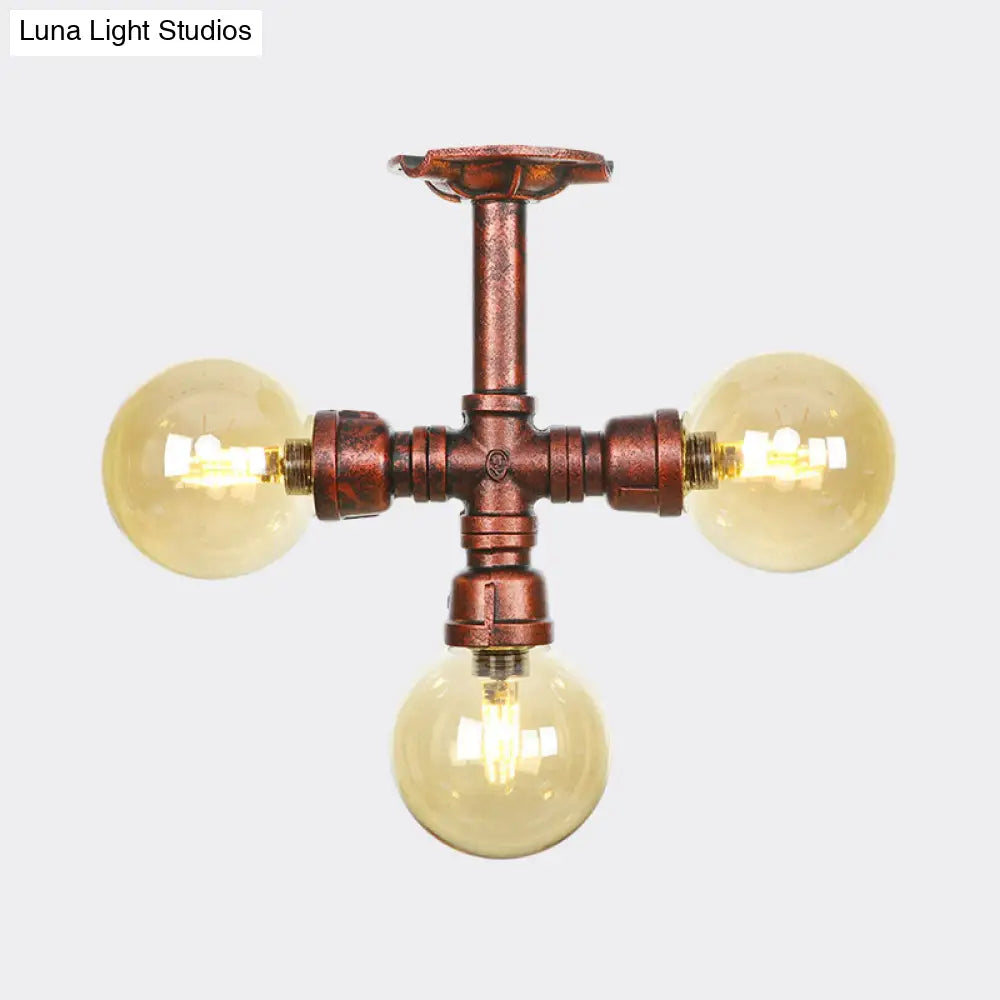 DecorBites™ DecorBites™ Amber Glass Copper Semi Flush Light Sphere LED Ceiling Fixture - Farmhouse Style
