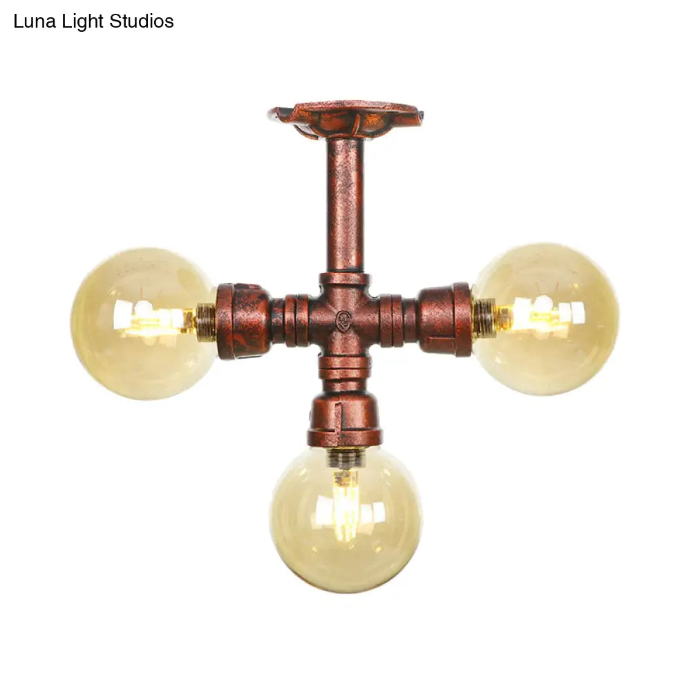 DecorBites™ DecorBites™ Amber Glass Copper Semi Flush Light Sphere LED Ceiling Fixture - Farmhouse Style