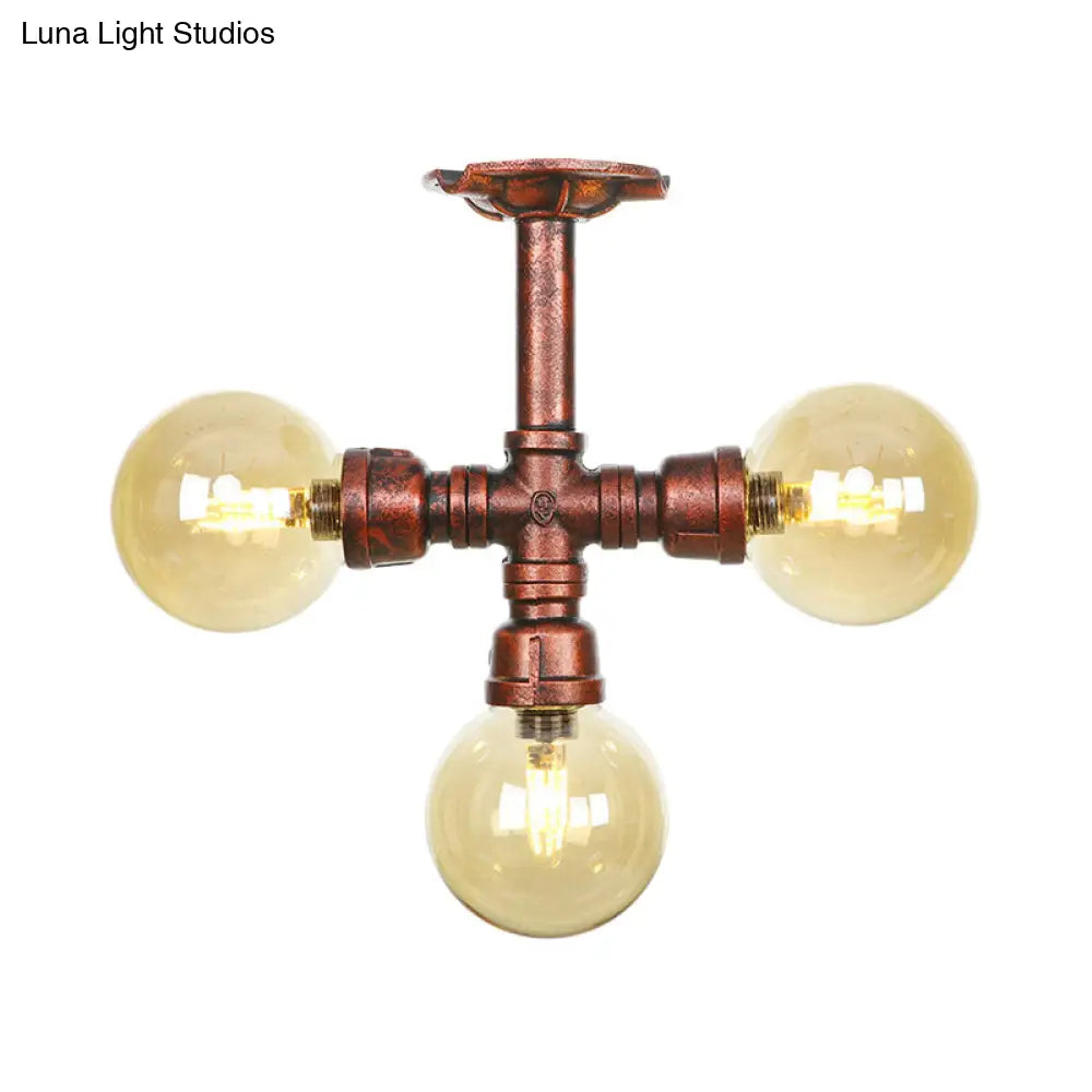 DecorBites™ DecorBites™ Amber Glass Copper Semi Flush Light Sphere LED Ceiling Fixture - Farmhouse Style