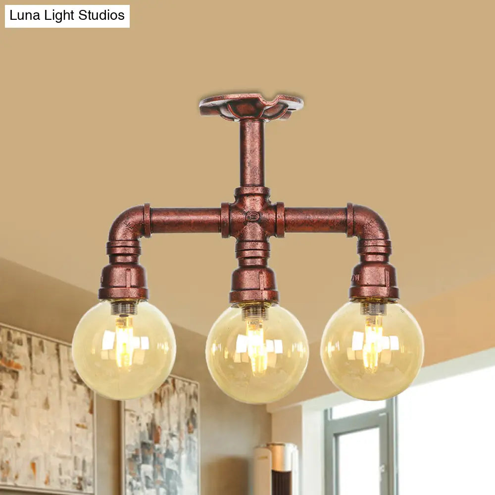 DecorBites™ DecorBites™ Amber Glass Copper Semi Flush Light Sphere LED Ceiling Fixture - Farmhouse Style
