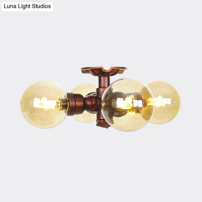 DecorBites™ DecorBites™ Amber Glass Copper Semi Flush Light Sphere LED Ceiling Fixture - Farmhouse Style