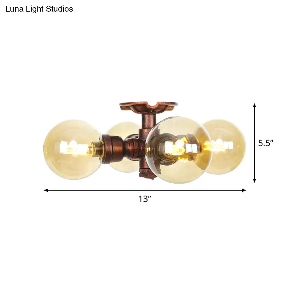 DecorBites™ DecorBites™ Amber Glass Copper Semi Flush Light Sphere LED Ceiling Fixture - Farmhouse Style