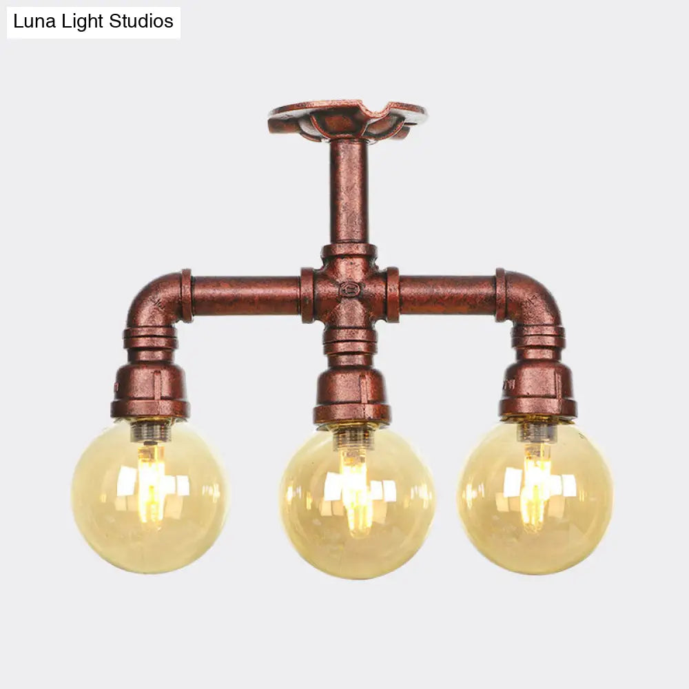 DecorBites™ DecorBites™ Amber Glass Copper Semi Flush Light Sphere LED Ceiling Fixture - Farmhouse Style