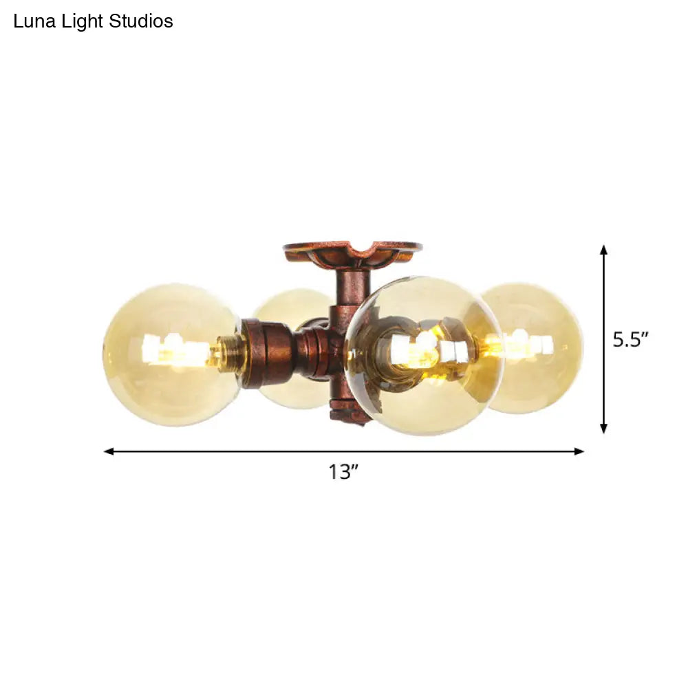 DecorBites™ DecorBites™ Amber Glass Copper Semi Flush Light Sphere LED Ceiling Fixture - Farmhouse Style