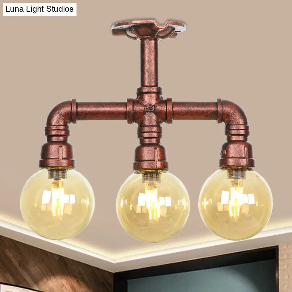 DecorBites™ DecorBites™ Amber Glass Copper Semi Flush Light Sphere LED Ceiling Fixture - Farmhouse Style