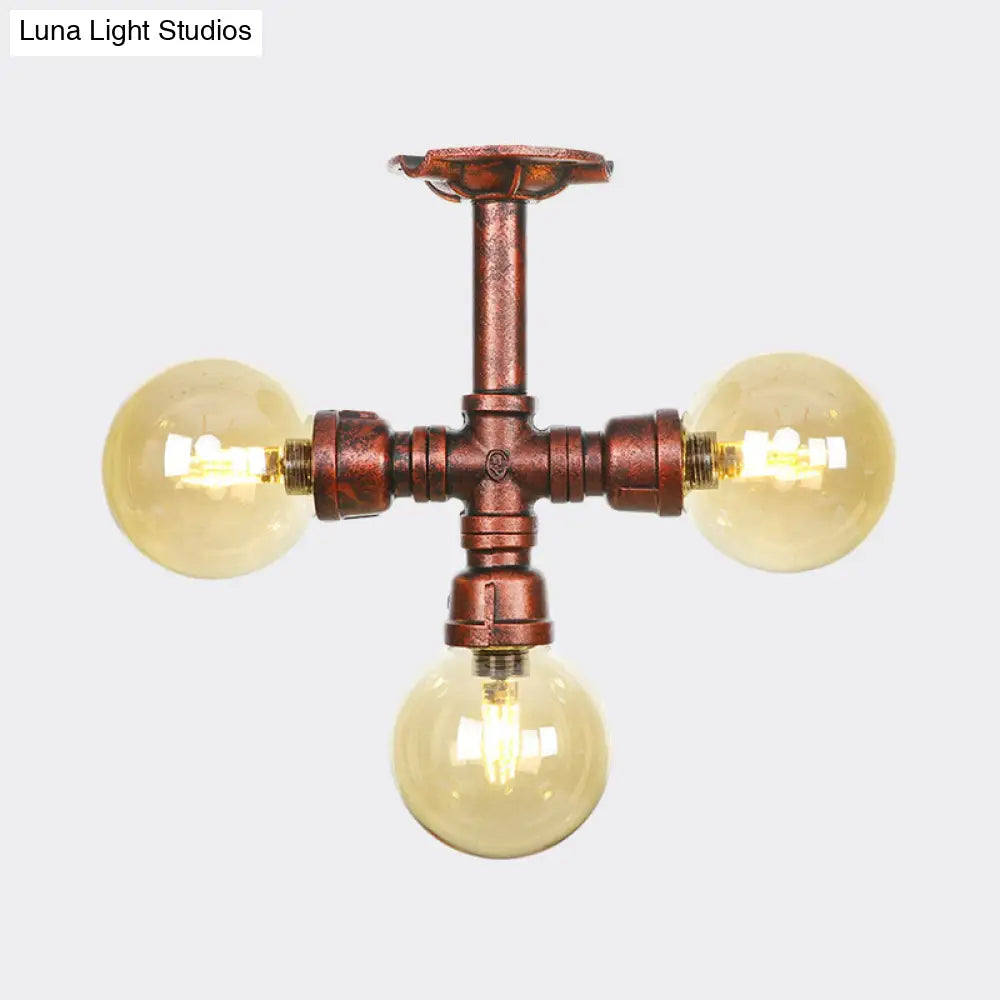 DecorBites™ DecorBites™ Amber Glass Copper Semi Flush Light Sphere LED Ceiling Fixture - Farmhouse Style