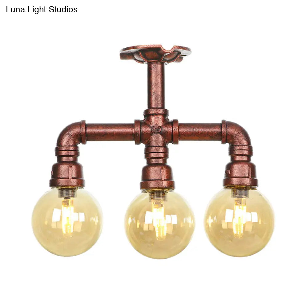 DecorBites™ DecorBites™ Amber Glass Copper Semi Flush Light Sphere LED Ceiling Fixture - Farmhouse Style