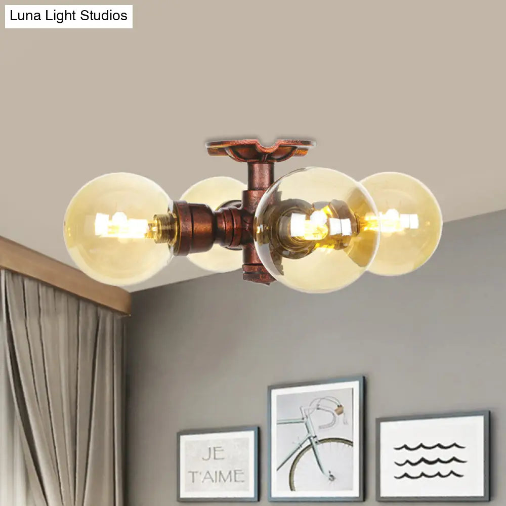 DecorBites™ DecorBites™ Amber Glass Copper Semi Flush Light Sphere LED Ceiling Fixture - Farmhouse Style