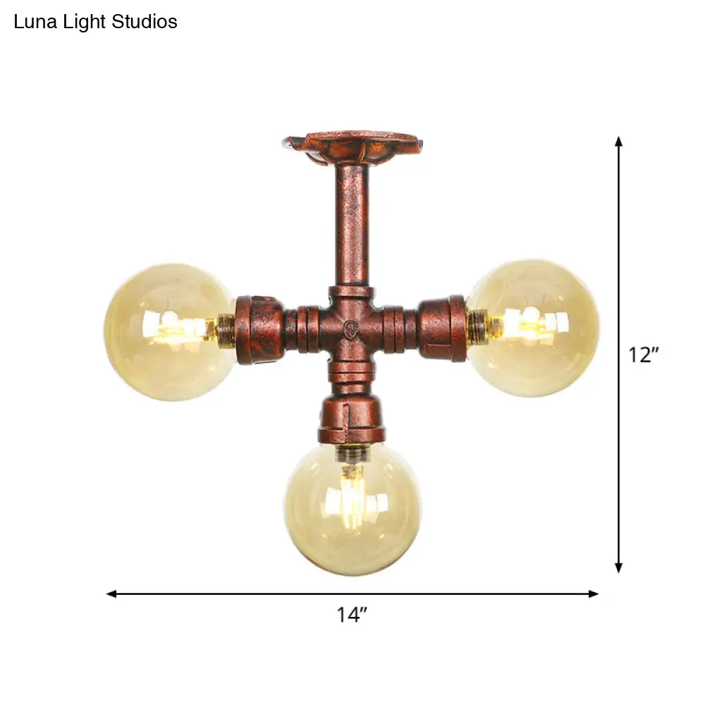 DecorBites™ DecorBites™ Amber Glass Copper Semi Flush Light Sphere LED Ceiling Fixture - Farmhouse Style