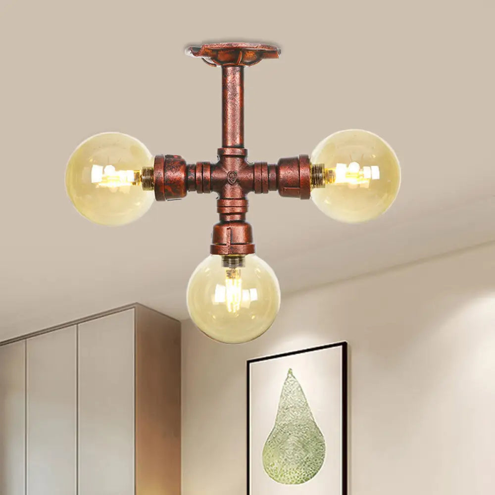 DecorBites™ DecorBites™ Amber Glass Copper Semi Flush Light Sphere LED Ceiling Fixture - Farmhouse Style