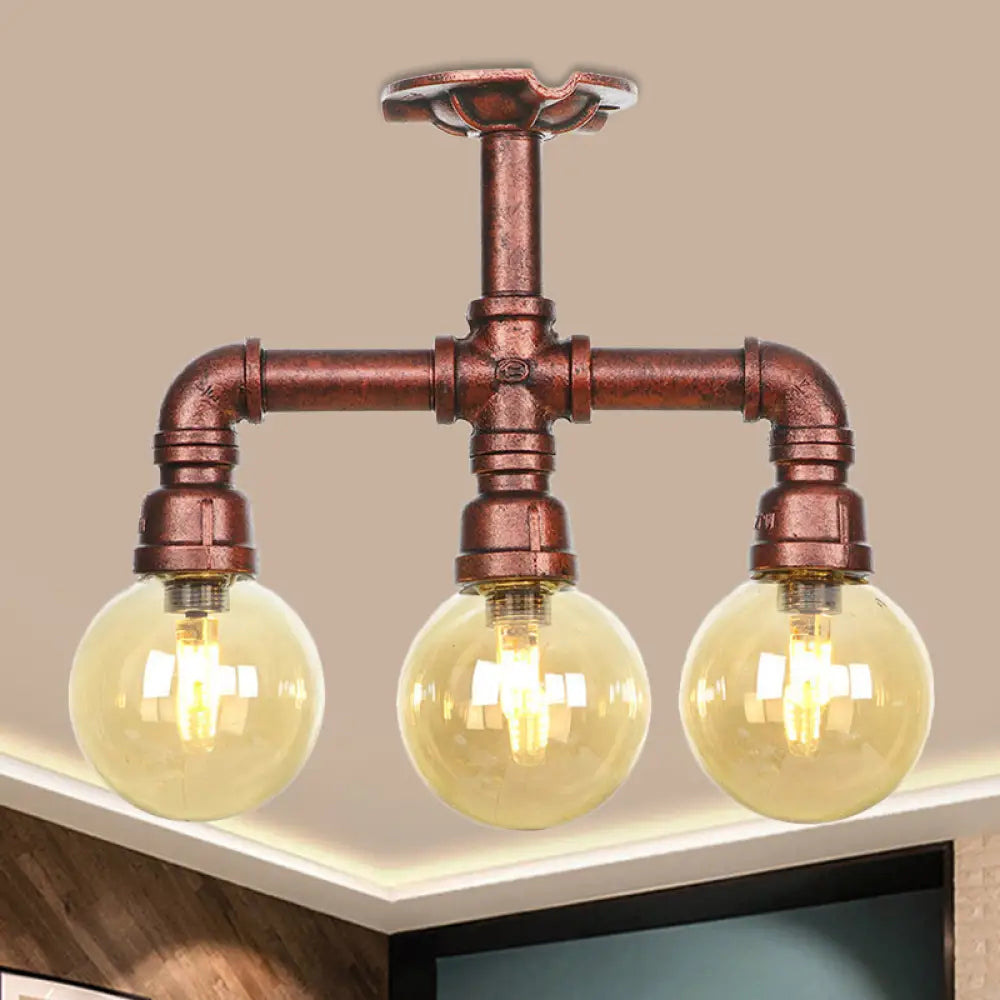 DecorBites™ DecorBites™ Amber Glass Copper Semi Flush Light Sphere LED Ceiling Fixture - Farmhouse Style