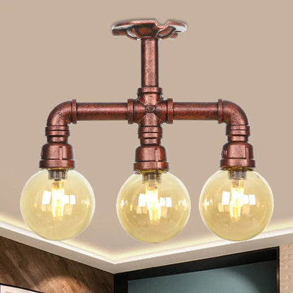 DecorBites™ DecorBites™ Amber Glass Copper Semi Flush Light Sphere LED Ceiling Fixture - Farmhouse Style