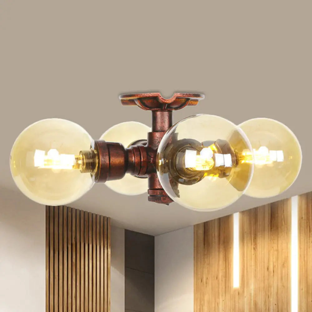 DecorBites™ DecorBites™ Amber Glass Copper Semi Flush Light Sphere LED Ceiling Fixture - Farmhouse Style