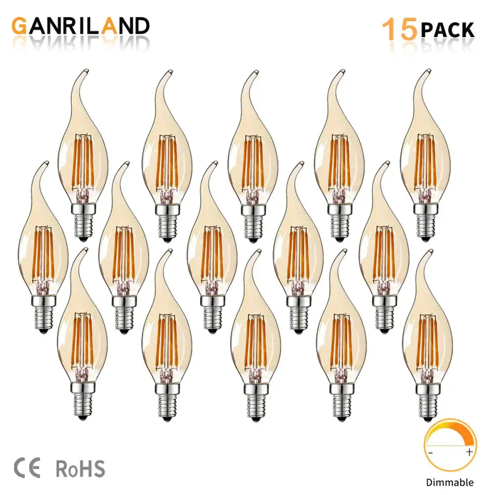Set of 15 amber glass dimmable led filament bulbs with flame shape and silver screw base for decorbites dimmable led lighting
