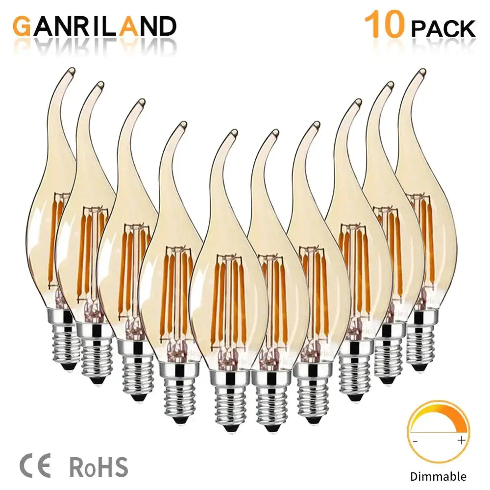 Ten-pack of decorbites dimmable led filament bulbs with amber glass and visible coils ideal for dining room candle light decor