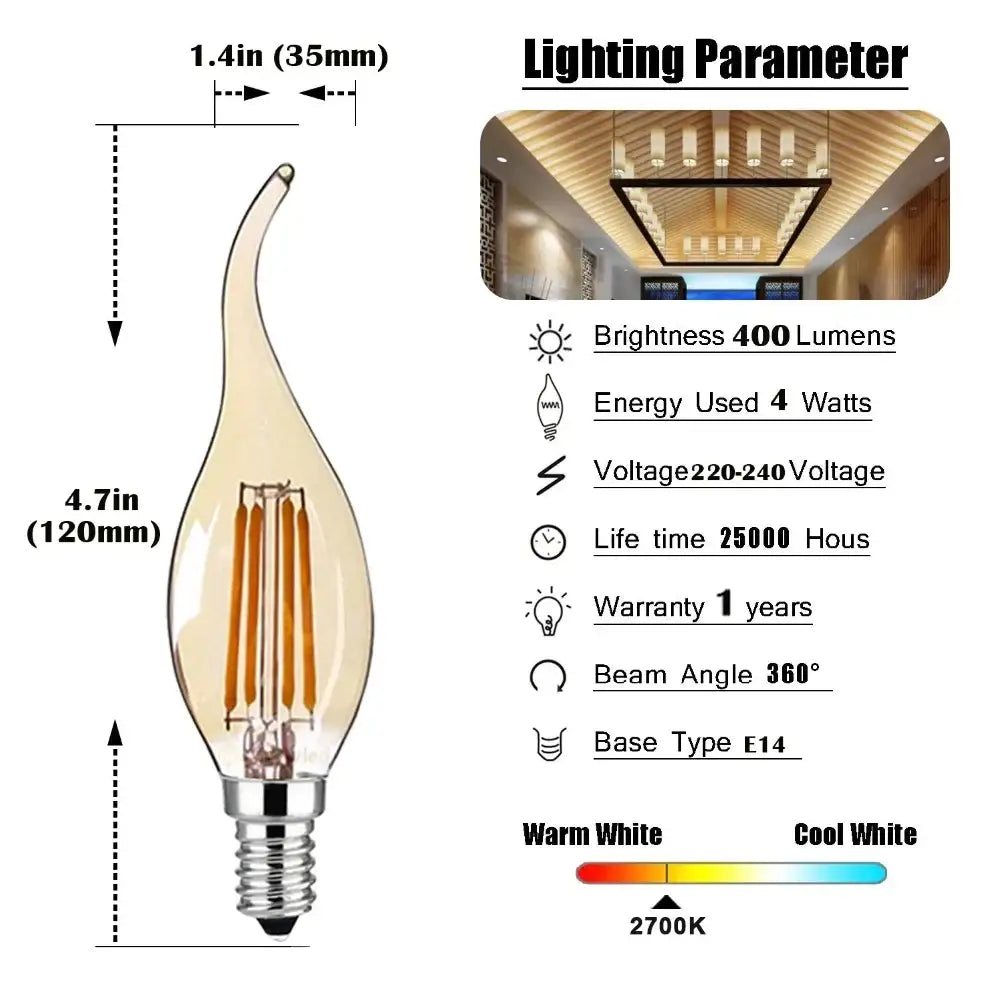 Clear glass candle-style decorbites dimmable led filament bulb with warm white 2700k light and e14 base in 10 pack