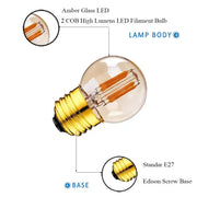 Amber glass g40 edison led bulb with gold-toned base and two cob high lumen filaments by decorbites g40 edison