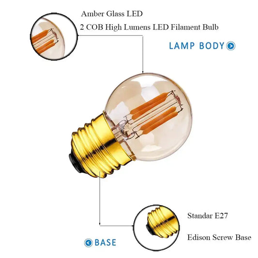 Amber glass g40 edison led bulb with gold-toned base and two cob high lumen filaments by decorbites g40 edison