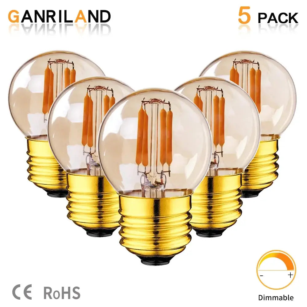 Five-pack of decorbites g40 edison led bulbs with amber glass globes and gold-finished bases for vintage decor lighting