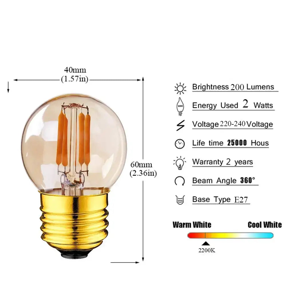 Amber glass g40 Edison LED bulb with clear globe, golden base, and three warm orange filaments by decorbites g40 Edison