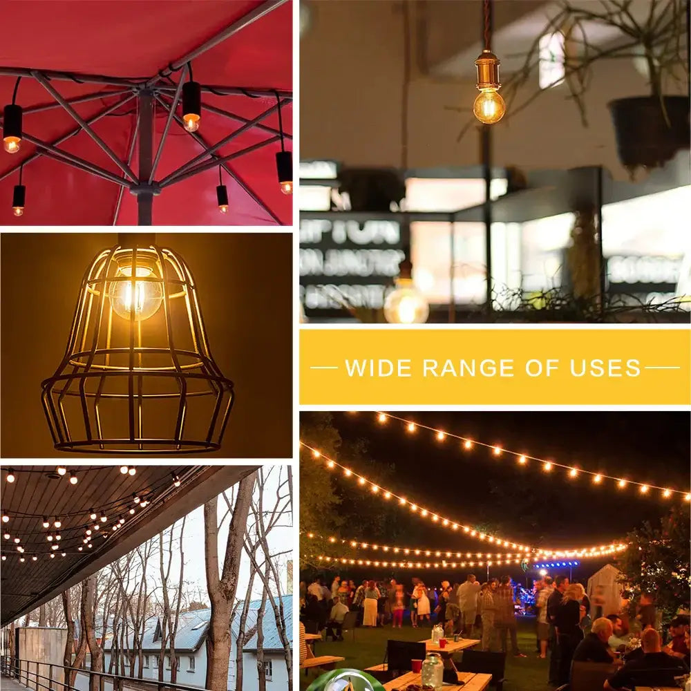 Warm-toned amber glass g40 edison led bulb hanging from black metal wire cage decorbites g40 edison fixture
