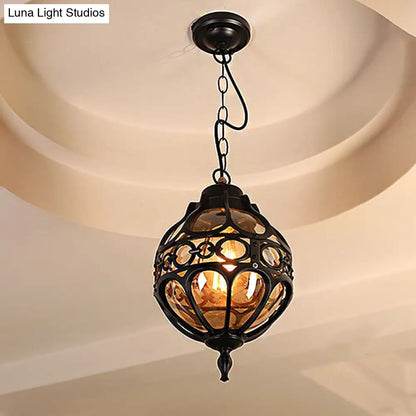 Amber Glass Hanging Pendant Light for Outdoor Balcony - Loft Sphere Design (1 Light, 7"/9" W) in Black/Bronze